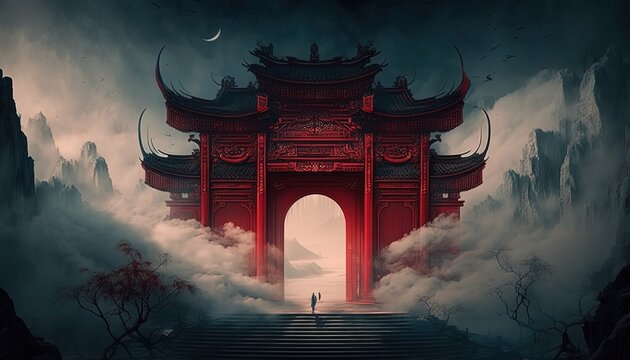 gigantic red hell gate, ancient Chinese mythology the gate to spirit world or way path to demon town, Generative Ai