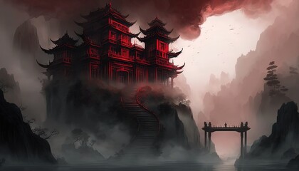 mystery enchanted palace among cloud, idea for fantasy  journey theme background wallpaper,  Generative Ai