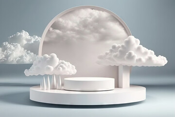 Product display podium decorated with realistic cloud on pastel background. Generative AI