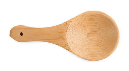 Wooden spoon on white background, top view