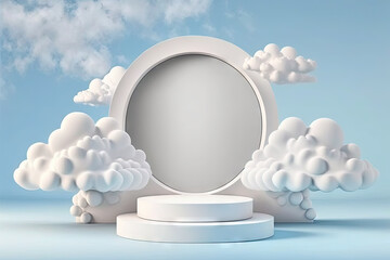 Product display podium decorated with realistic cloud on pastel background. Generative AI