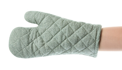 Chef in oven glove on white background, closeup