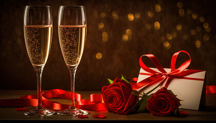 Two glasses of champagne  with red roses, gifts and red ribbon over blur spots lights background. Celebration concept. Post-processed generative AI