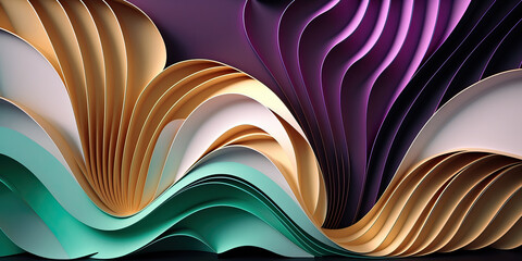 Abstract waves  turquoise, purple, gold  and white colors. Luxury background.  Post-processed generative AI