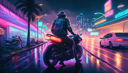 Biker on an Futuristic motorcycle. Evening futuristic city in background. Neon urban future. Wallpaper in a cyberpunk style Post-processed generative AI