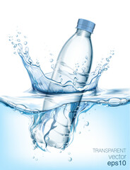 Transparent realistic vector mineral water plastic bottle in water with water splash and drops on blue background  - 568742180