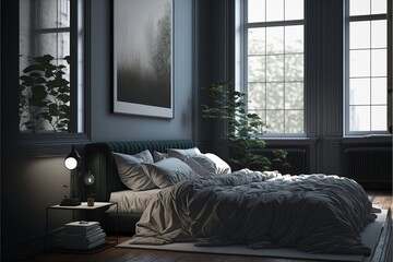 Luxury Cozy Bedroom Modern Interior Design and Raining outside with a large painting on the wall, 3d render Generative AI Stock Illustration