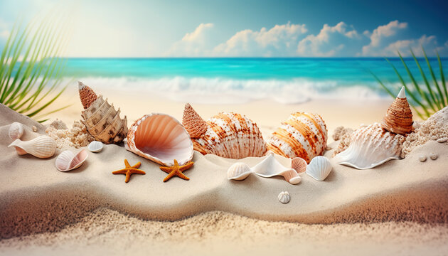 Shells on sandy beach. Tropical beach with sea shells on sand. Summer holiday concept. Post-processed generative AI