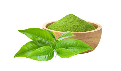 Matcha green tea in wood bowl  and tea leaves on transparent png