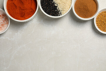 Bowls with different spices on light grey marble table, flat lay. Space for text