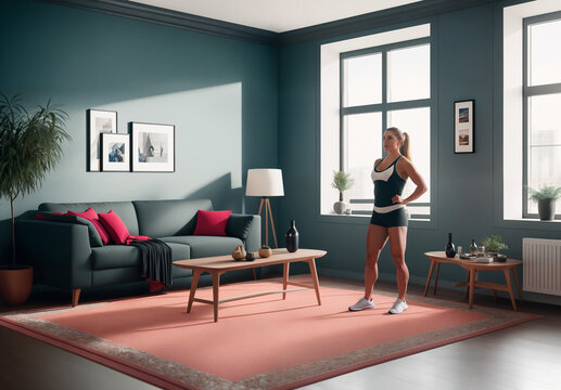 Athlethic woman inside a modern living room, generativce AI
