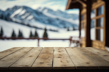 Blurred mountains background, sunny day, wooden table. Generative AI
