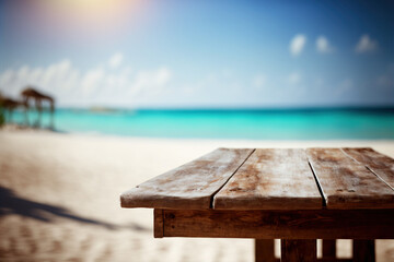 Naklejka na ściany i meble Tropical beach bar blurred, wooden table. Ocean view. Generative AI