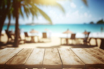 Tropical beach bar blurred, wooden table. Ocean view. Generative AI - 568743760