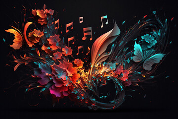 Abstract musical note symbol painting, black background. Generative AI.