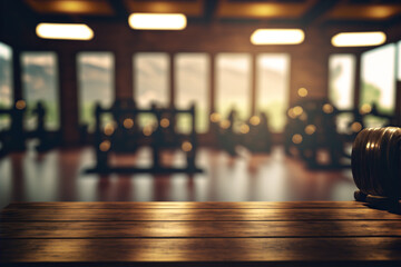 Blurred gym, fitness center. Wooden table. Generative AI.