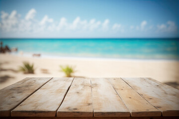 Tropical beach bar blurred, wooden table. Ocean view. Generative AI