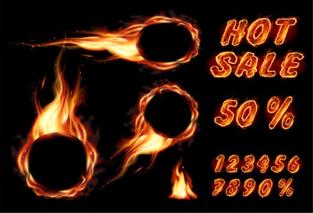 Collection of transparent realistic round  fire flame frames with burning text. Hot sale and perсent and digit for your business banners - 568743910
