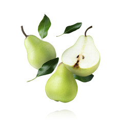 Naklejka na ściany i meble Fresh ripe pears and green leaves falling on white background