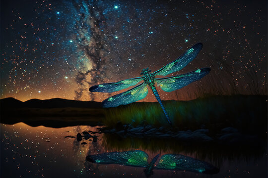 night scenery magic dragonfly wallpaper generative ai