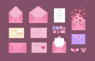 Valentine day mail post letters isolated vector illustration. Cute romantic letters, open envelope with flying hearts, cupid mail for Valentine's Day holiday. Different postal letters envelopes set. - obrazy, fototapety, plakaty