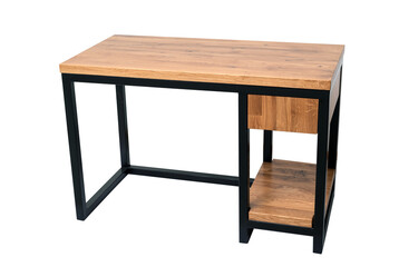 Front view of empty modern computer desk made of wood and steel isolated on white. loft style