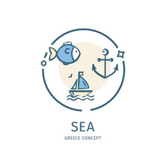 Greece Sea Travel and Tourism Thin Line Icon Concept Include of Anchor, Boat and Fish. Vector illustration