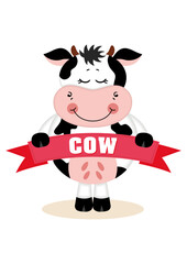 Cute cow holding a ribbon banner