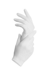Close-up shot of elegant white gloves. The gloves are made of elastic openwork fine knit fabric.  The gloves are isolated against a white background. Side view.