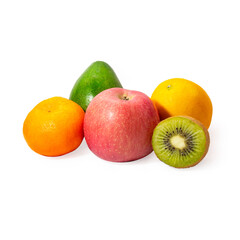 Kiwi fruit, mandarin orange, red apple, avocado and orange sunkist isolated on white background, mix fruit for health