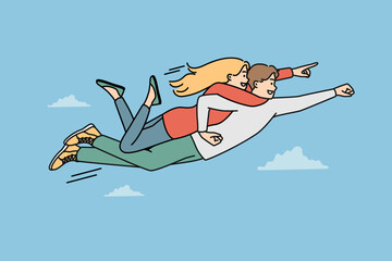 Smiling courageous man as superhero with woman on back flying in air. Happy male act as hero fly with female lover in sky. Vector illustration. 