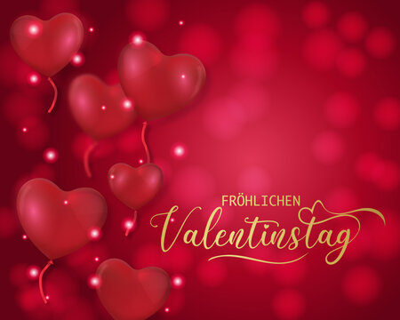 Karte oder Banner, um einen fröhlichen Valentinstag in Gold auf einem roten Hintergrund mit Farbverlauf mit Kreisen in Bokeh-Effekten, Luftballons in Form von roten Herzen und weißen und roten Kreisen
