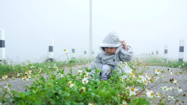 4K, cute little girl wear long sleeves, long legs hat, It was foggy morning it was very cold, little girl looked at white flower in front, But she tried to pull hat on her shirt off her head.