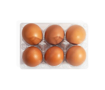 chicken eggs in a plastic container isolated on a white background
