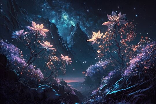 beautiful midnight flower field in springtime, background wallpaper, Generative A