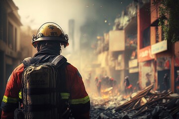 A fireman from the rescue team trying to help people after an earthquake or tornado in a devastated city in ruins. Generative ai - obrazy, fototapety, plakaty