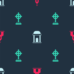 Set Church building, Old crypt and Grave with cross on seamless pattern. Vector