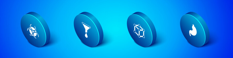 Set Isometric Biohazard symbol, Molecule, Human stomach and Funnel or filter icon. Vector