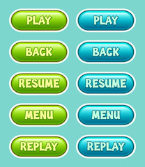 A Collection of GUI Vector green and blue buttons with editable text effect for the design of the user interface of casual mobile games and applications. Modern green and blue buttons in candy style.