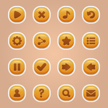 A Collection of GUI Vector orange square buttons with icons of the user interface of casual mobile games and applications. Modern orange square buttons in cartoon style.