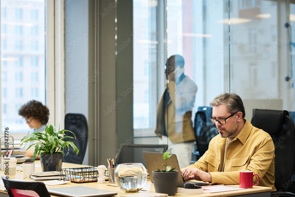 Aufkleber serious mature chief executive officer networking in front of laptop by desk while searching for onl