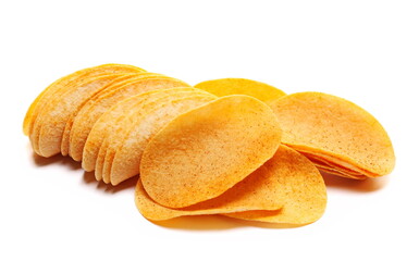 Paprika flavored potato chips isolated on white, side view