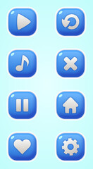A Collection of GUI Vector blue square buttons with icons of the user interface of casual mobile games and applications. Modern blue square buttons in cartoon style.
