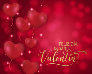 tarjeta o pancarta para desear un feliz Día de San Valentín en oro sobre un fondo rojo degradado con círculos en efectos de bokeh, globos en forma de corazones rojos y círculos blancos y rojos