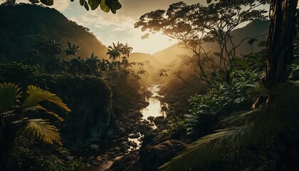 thick green lush tropical rain forest, inspired from Amazon landscape, Generative Ai