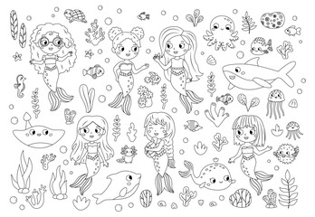 Coloring page with mermaids, sea and ocean animals, underwater plants. Fairy tale characters. Coloring book for kids. Black and white vector illustration.
