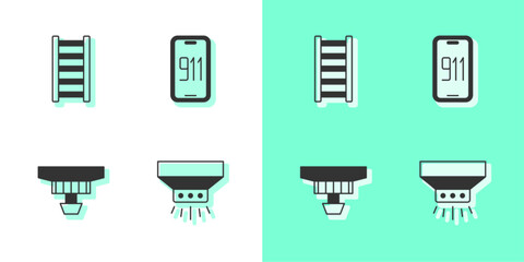 Set Fire sprinkler system, escape, Smoke alarm and Mobile emergency call 911 icon. Vector