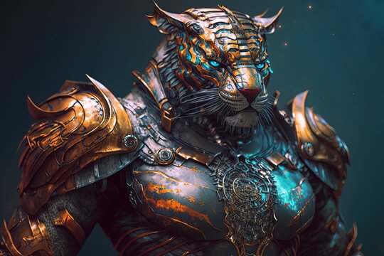 tiger wearing iron plate medieval armor, Generative Ai