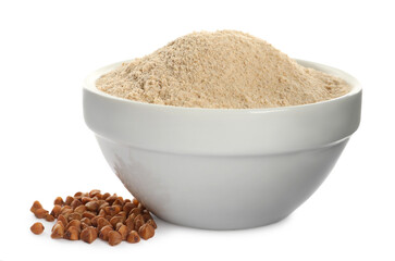 Bowl of buckwheat flour on white background