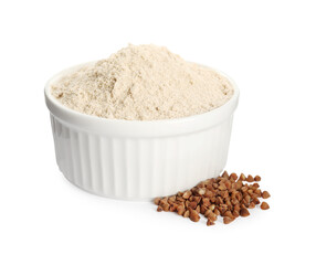 Bowl of buckwheat flour on white background